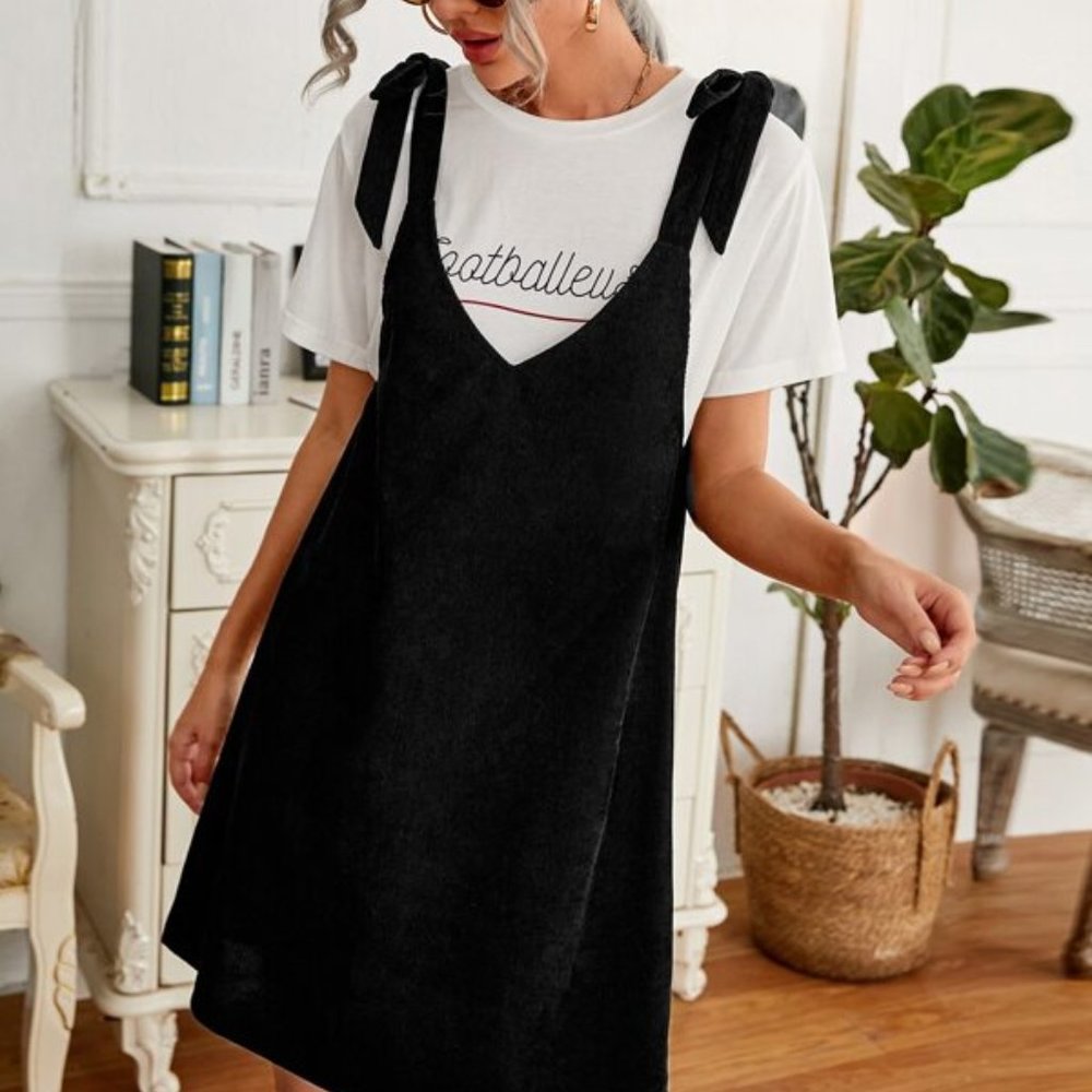 Black Knot Tie Shoulder Corduroy dress